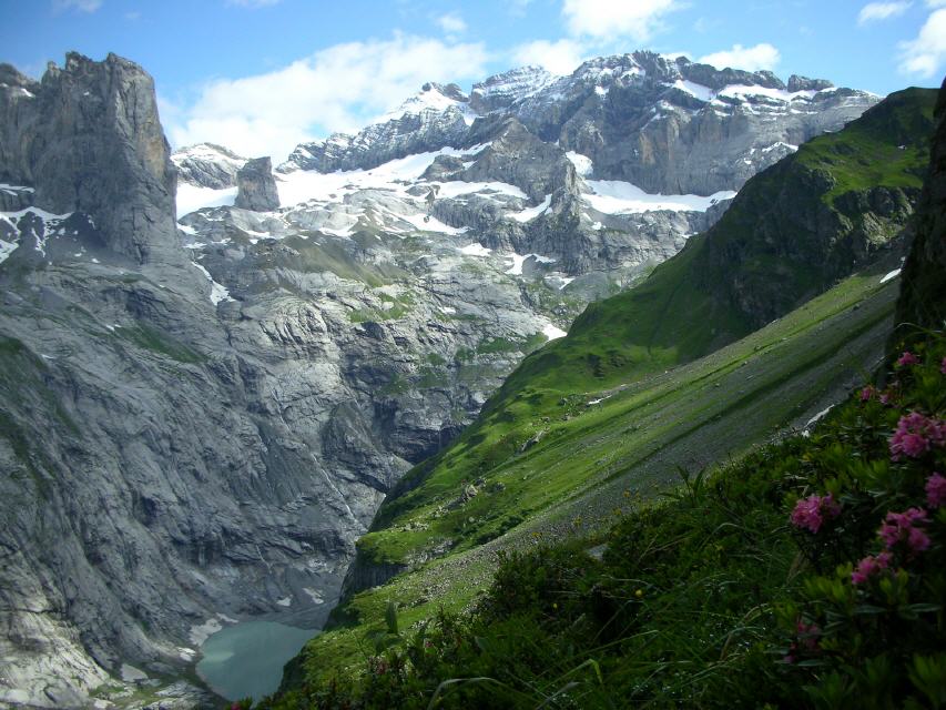 Auf dem Schafweg mit Blick zum Hüfisee und Schärhorn